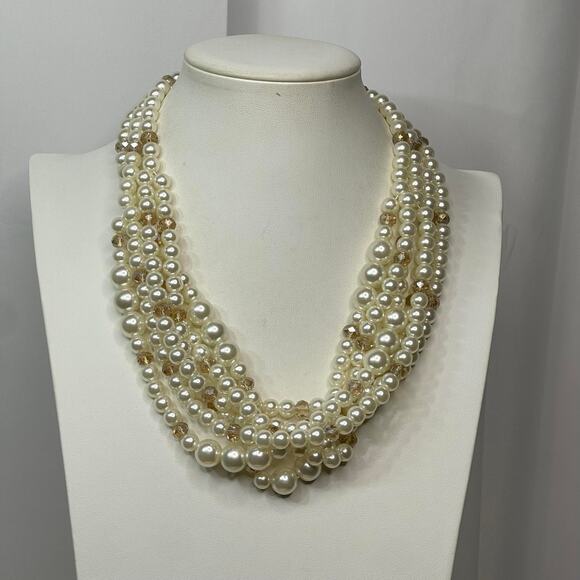 Multi strand faux pearl necklace with faceted beads classic classy preppy - Picture 1 of 15
